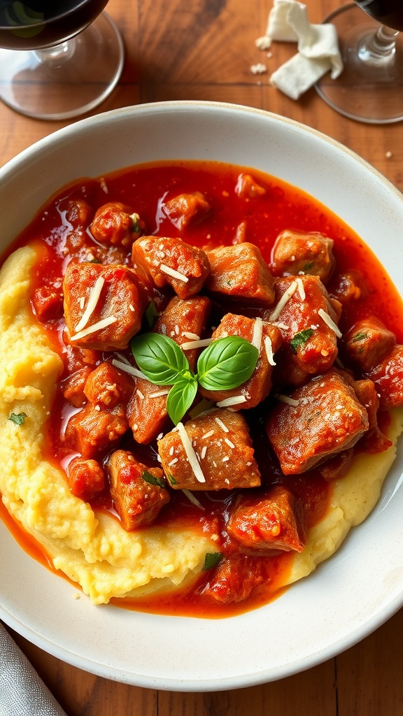 Bowl of pork ragu over creamy polenta with Parmesan and basil on a rustic table.